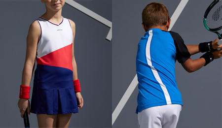 Detalhe da roupa infantil de jogar tênis: vestido de tênis feminino e camiseta masculina infantil